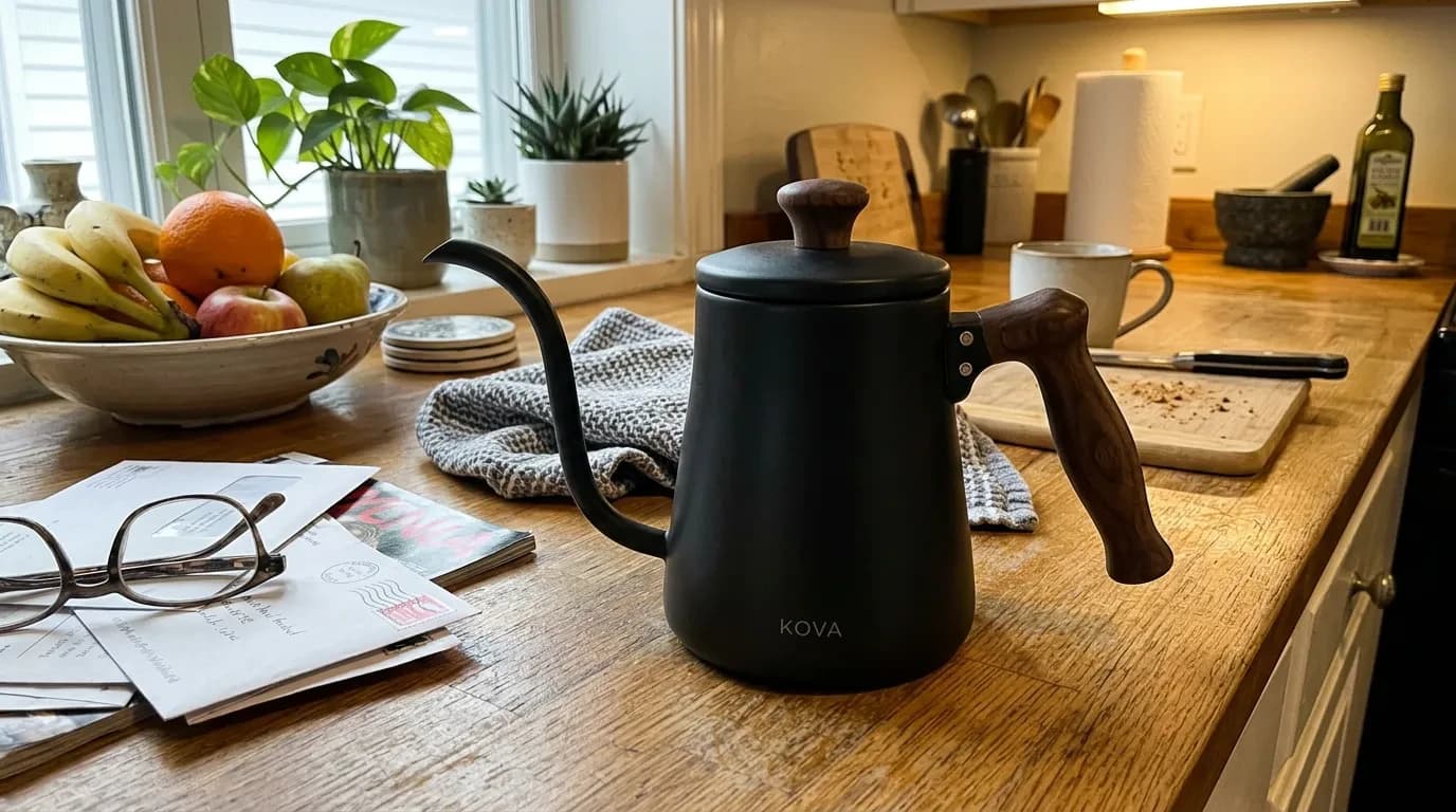 어수선한 주방 카운터 Kova kettle 휴대폰 사진