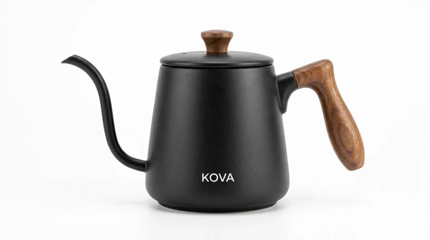 A matte black ceramic gooseneck kettle with a walnut handle sits on a pure white sweep, three-quarter angle, faint contact shadow.