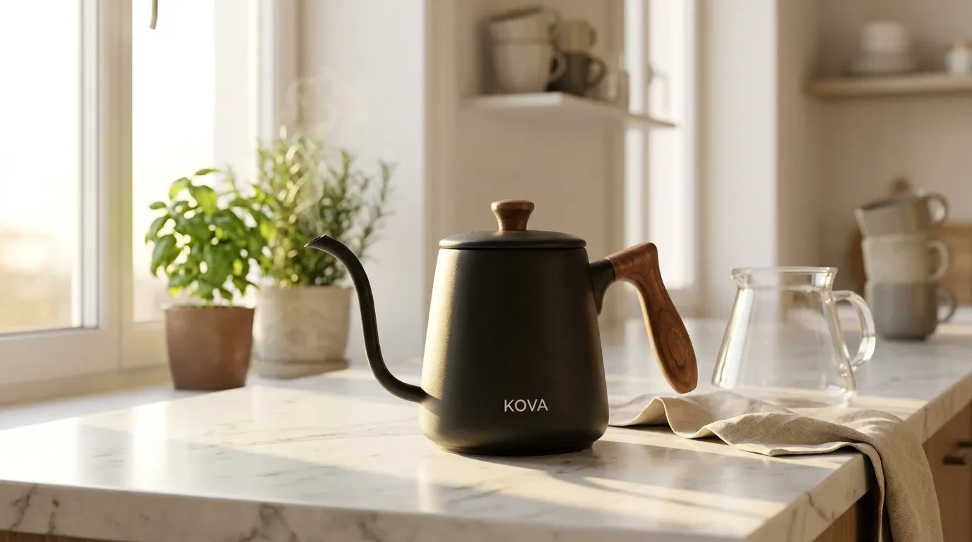 The same kettle on a white marble kitchen counter in morning light, steam at the spout, linen napkin nearby.