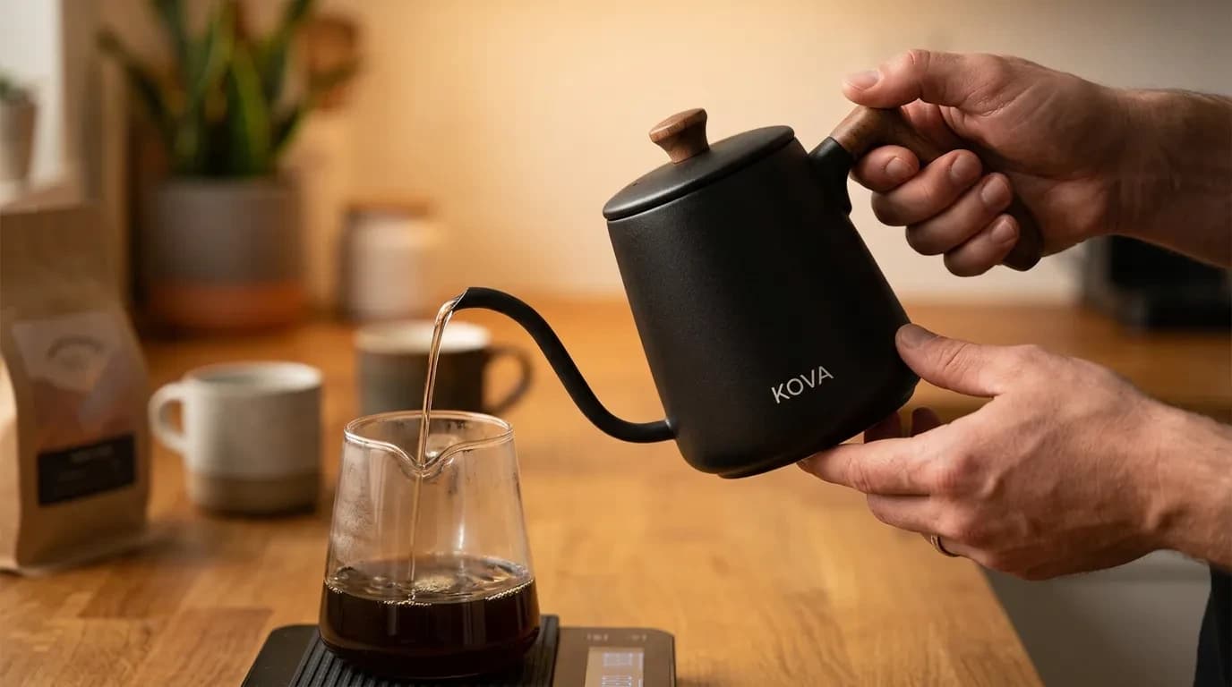 Hands pouring from the identical gooseneck into a glass carafe, thin stream, warm kitchen light.