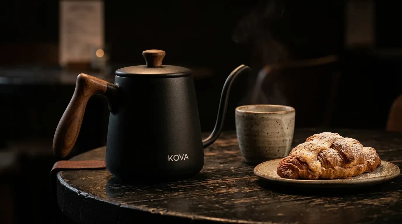 The same kettle on a dark cafe table beside a pastry and stoneware cup, low tungsten light.