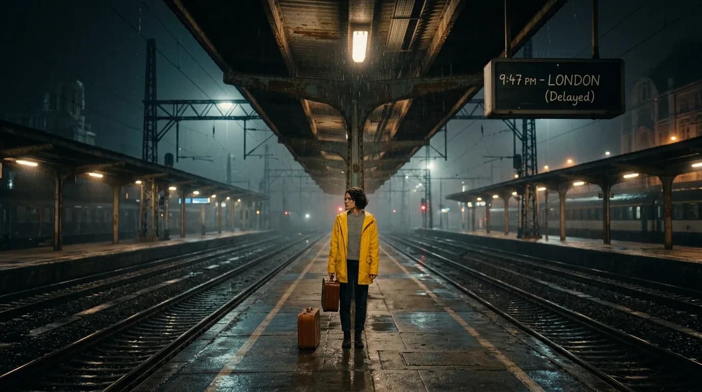 A woman in a yellow raincoat stands alone on a rain-soaked night train platform, small in frame, sodium lamps reflecting on the wet concrete.
