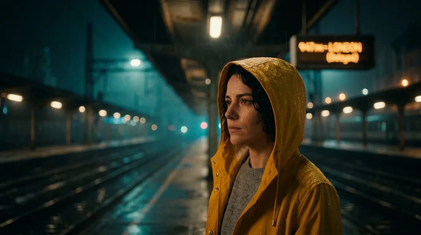 Medium close-up, hood up, raindrops on her face as she looks down the tracks; warm light on one side, cool blue fill on the other.