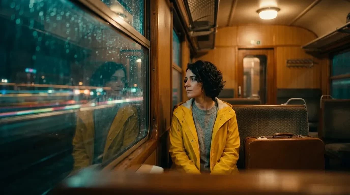 Inside the carriage she sits by the window, her reflection in the rain-streaked glass while city lights streak past.