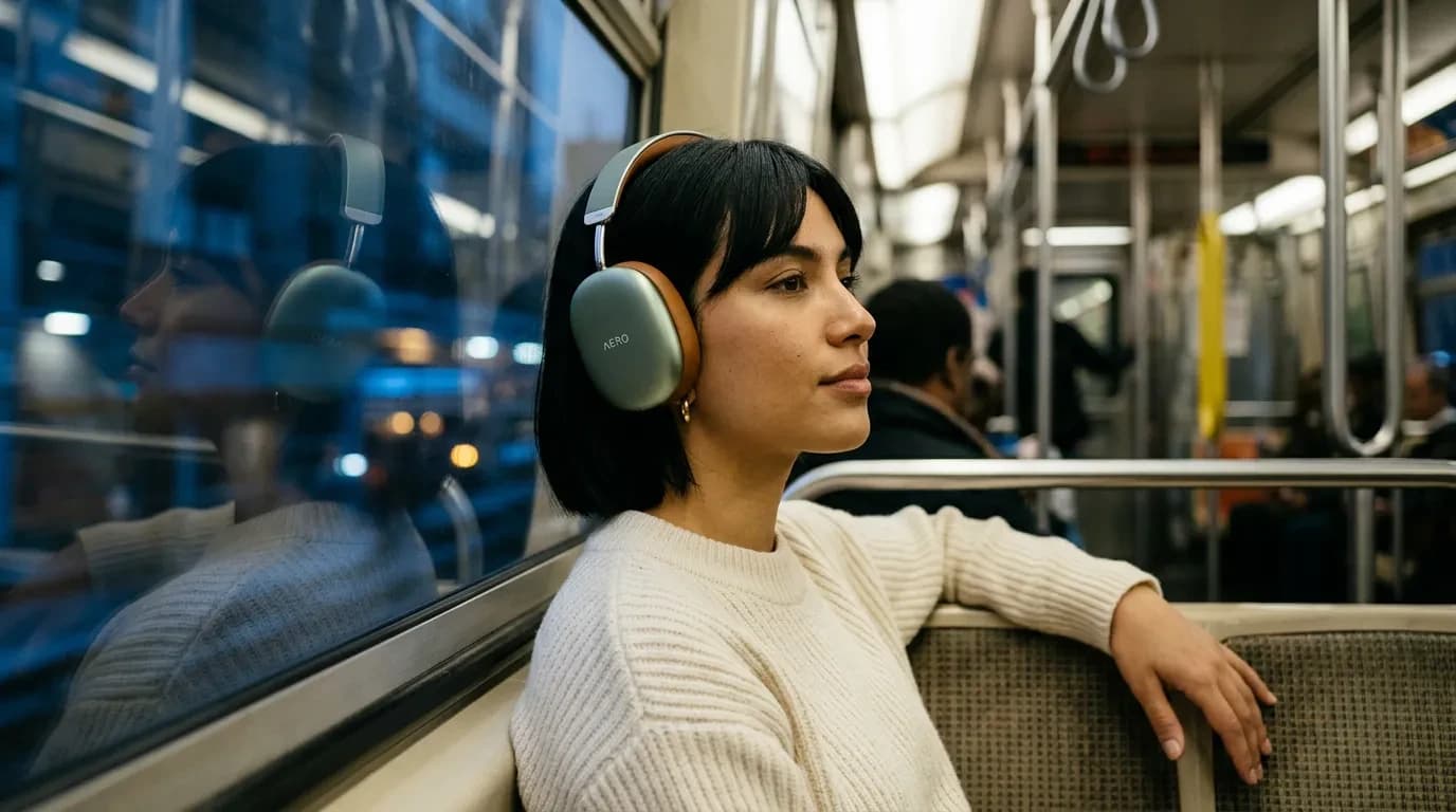 A woman with a black bob wears sage Aero headphones by a subway window at dusk, city lights streaking past the glass.
