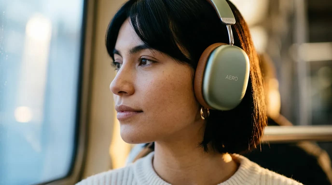 Medium close-up, headphones on, warm light on one side of her face as she sinks into the music.