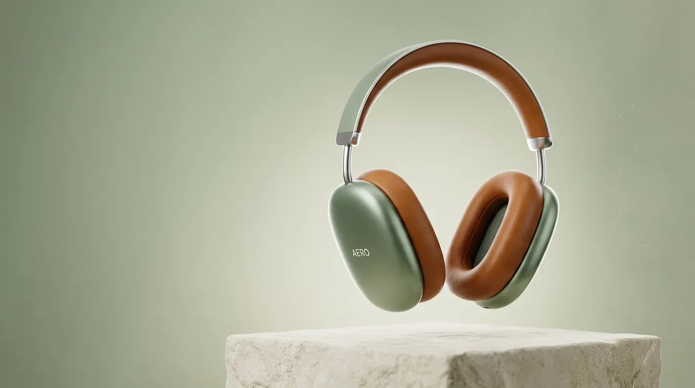 The sage Aero headphones float above a pale stone plinth on a cream-and-sage gradient, space for a headline.