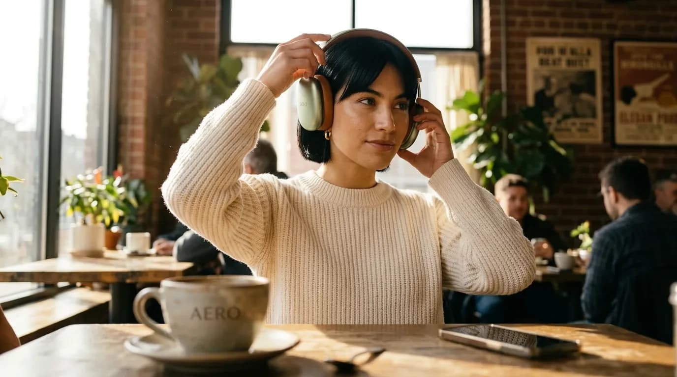 She sits at a sunlit cafe table putting the same headphones on, ceramic cup out of focus.