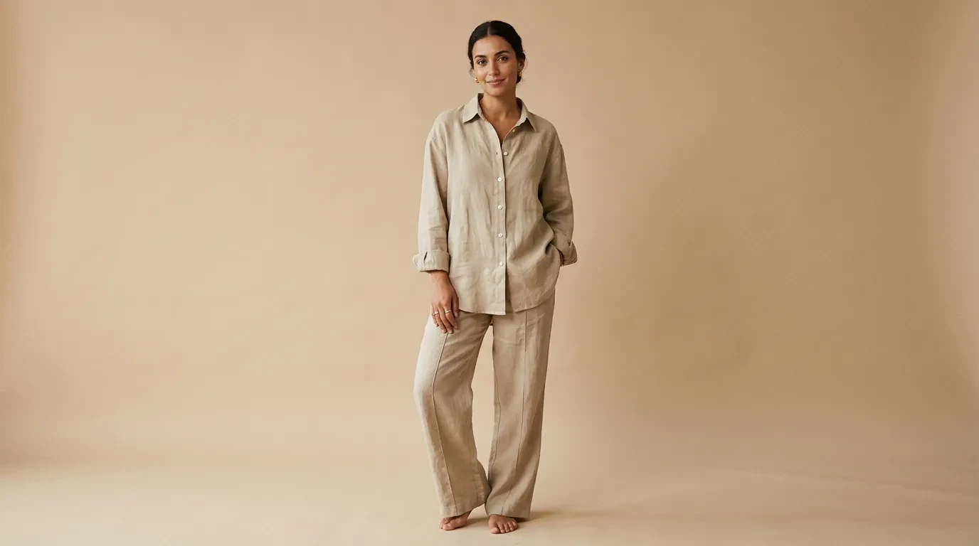A woman in a sand linen two-piece stands on a warm beige cyclorama, relaxed contraposto, natural drape in the shirt and trousers.