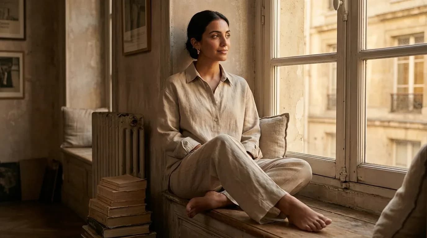 She sits on a window seat in late-day light, the linen catching the glow, same face and outfit.