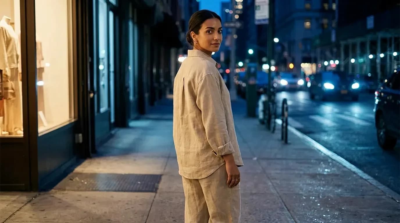 Night sidewalk, shop-window light on the sand linen as she glances back over her shoulder.